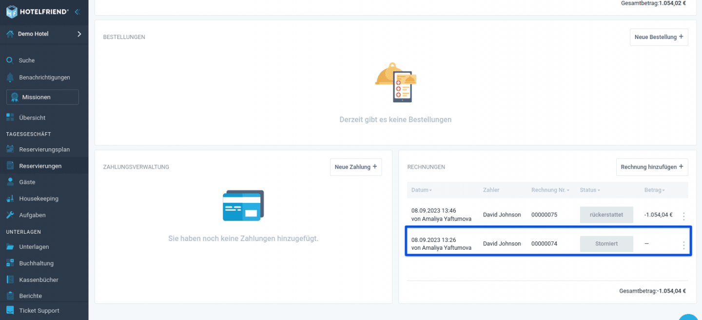 Sie können ähnliche Schritte befolgen, um bei Bedarf eine Rechnung aus dem Buchhaltungsmodul zu stornieren.