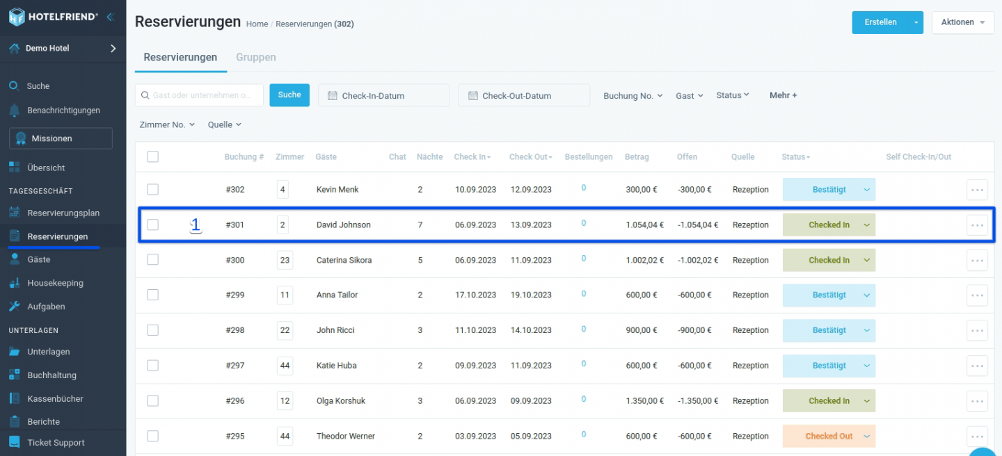 Navigieren Sie zum Modul 'Reservierungen' und wählen Sie die Reservierung aus, für die Sie die Rechnung stornieren möchten.