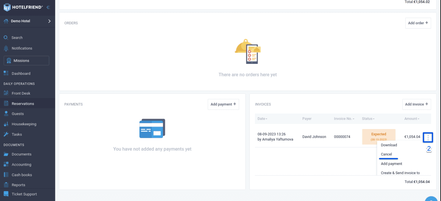 In the Invoices section, next to the invoice you'd like to cancel, click on the action menu and select Cancel.