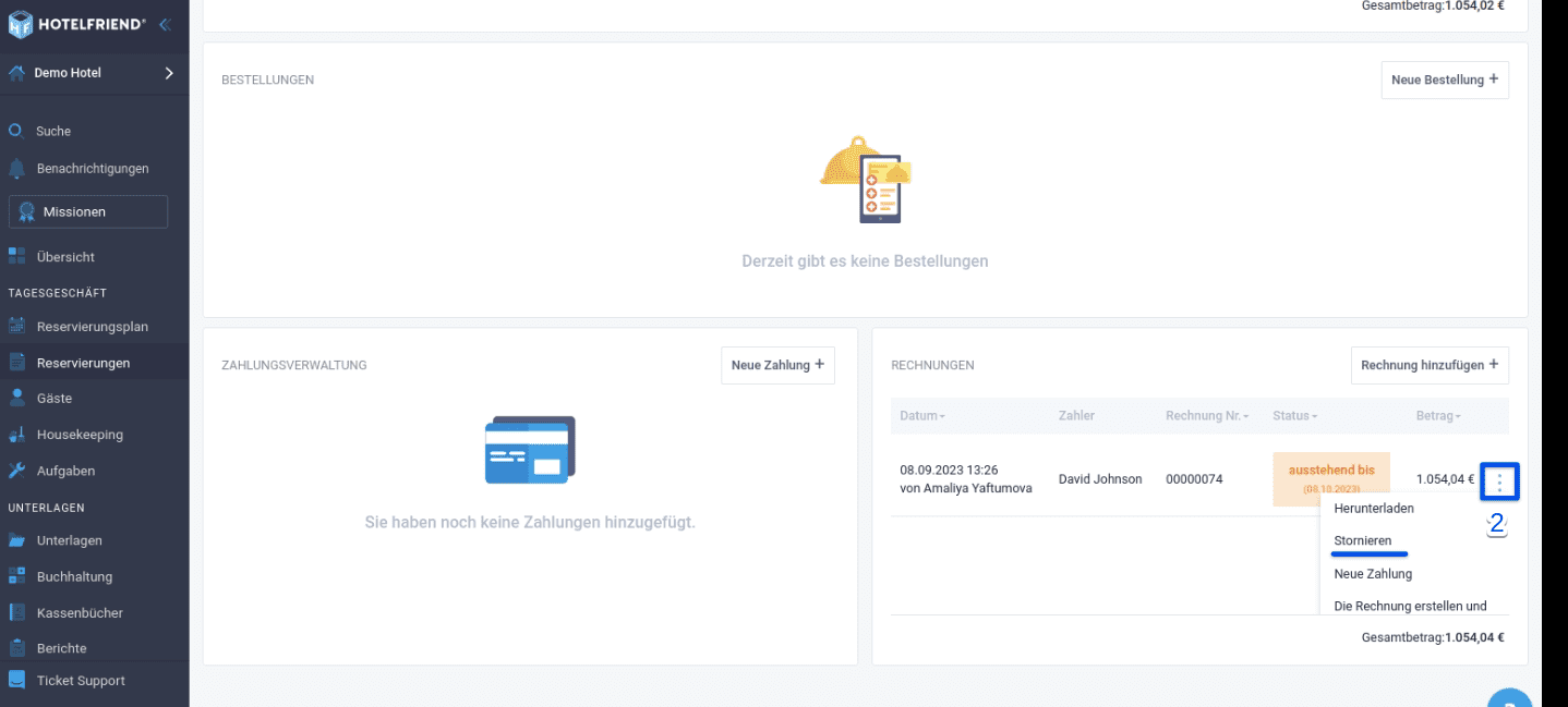 Im Abschnitt 'Rechnungen' klicken Sie neben der Rechnung, die Sie stornieren möchten, auf das Aktionsmenü und wählen 'Stornieren' aus.