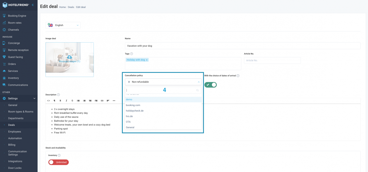 In the Cancellation policy field select the cancellation policy from the drop-down list.