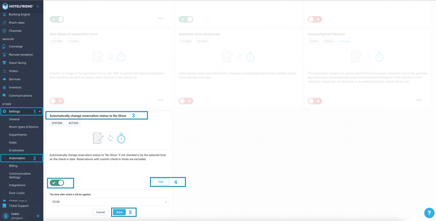 Setting up automatic change of reservation status to No Show