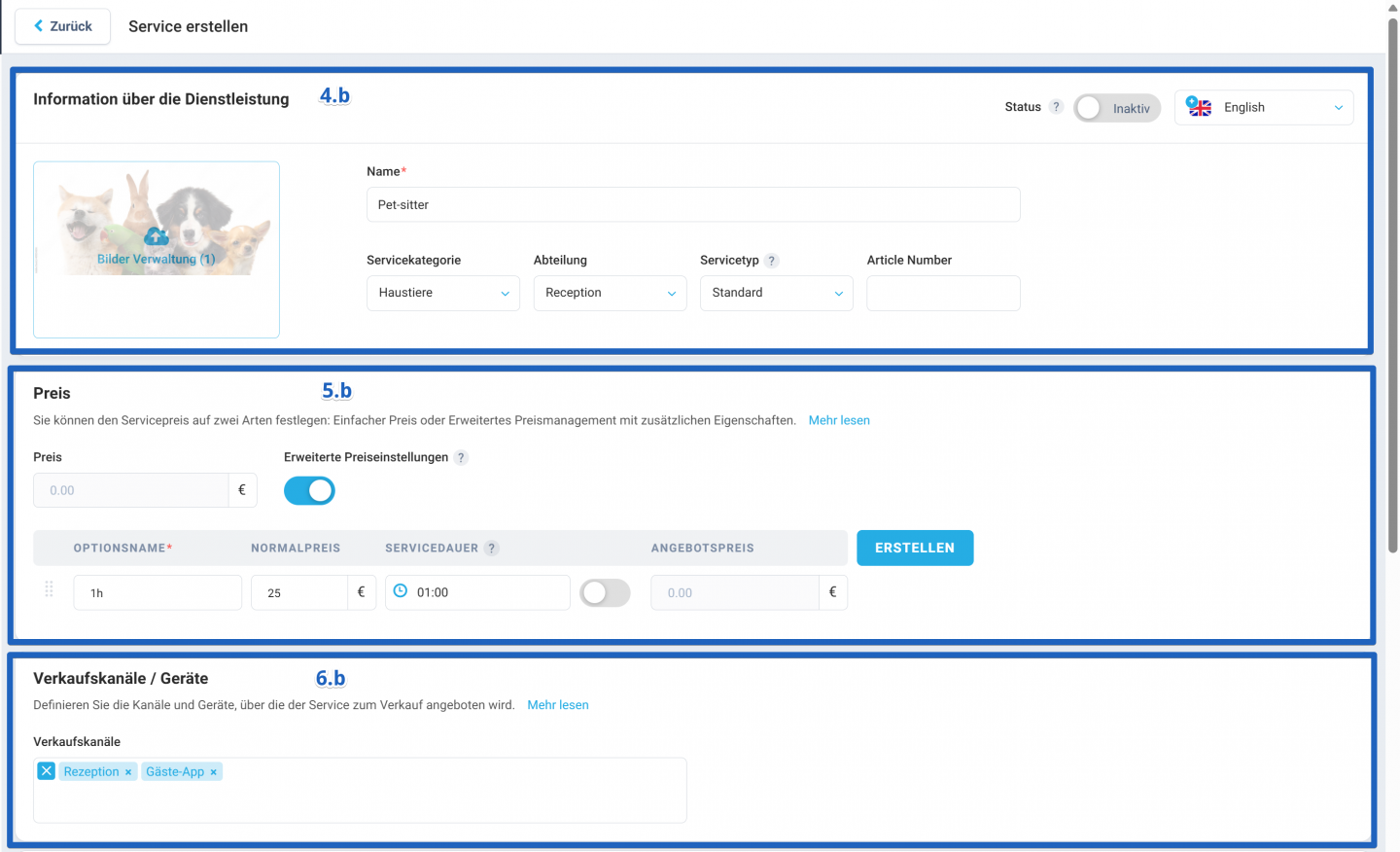Wählen Sie aus dem Dropdown-Menü die gewünschten Verkaufskanäle und Geräte aus, über die der Service angeboten werden soll.