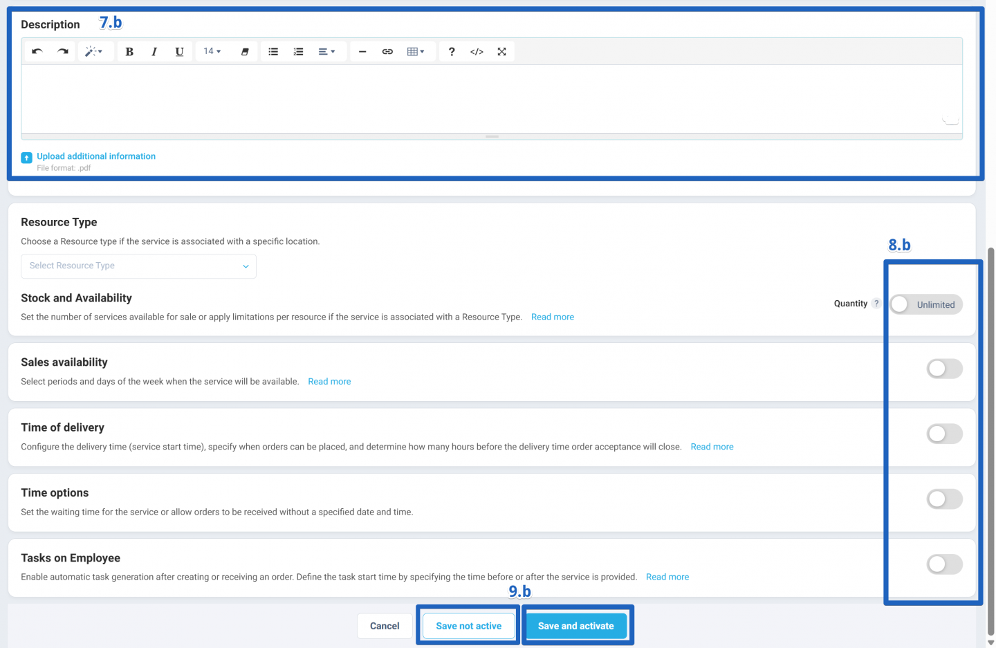 You can save the newly created service by clicking Save not active, which will save it in the system but keep it inactive. If you want the service to be immediately available for clients, click Save and activate.
